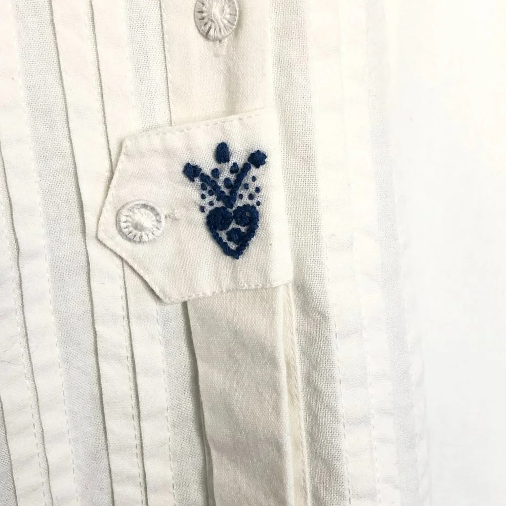 Vintage Gossl Germany Hand Embroidered White Button Down Shirt Blue 38 S - Picture 3 of 8